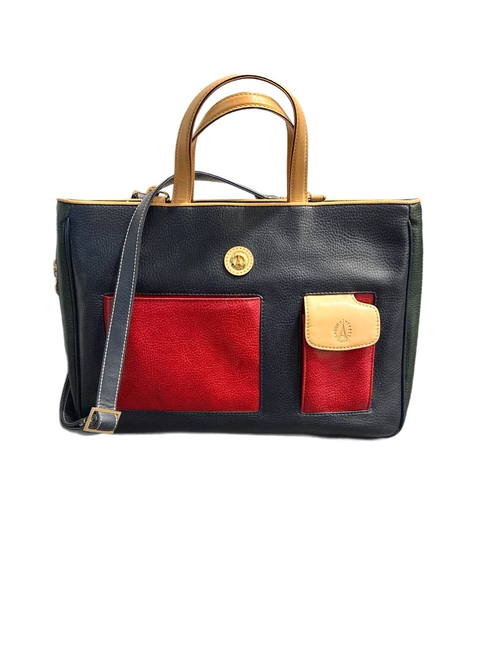 La Tour Eiffel Paris Rare Vintage Colorblock Navy, Red and Green Leather Tote
